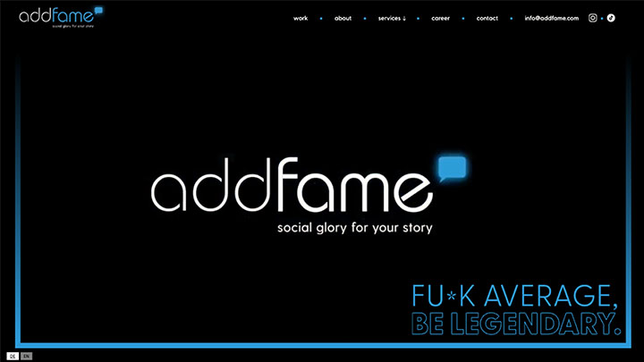 Startseite von Addfame, Influencer-Marketing-Agentur aus München, mit markantem Branding und Motto „social glory for your story“