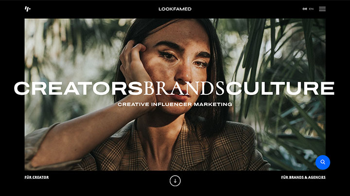Landingpage von Lookfamed, Influencer-Marketing-Agentur aus Deutschland, mit Fokus auf Creator-Kultur, Markenkooperationen und Content-Strategie.