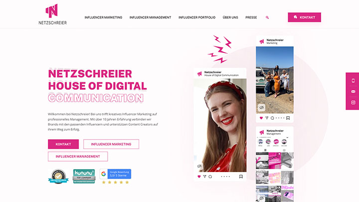 Startseite der Influencer-Marketing-Agentur Netzschreier aus Berlin mit Einblick in Kampagnenbeispiele und Social-Media-Referenzen