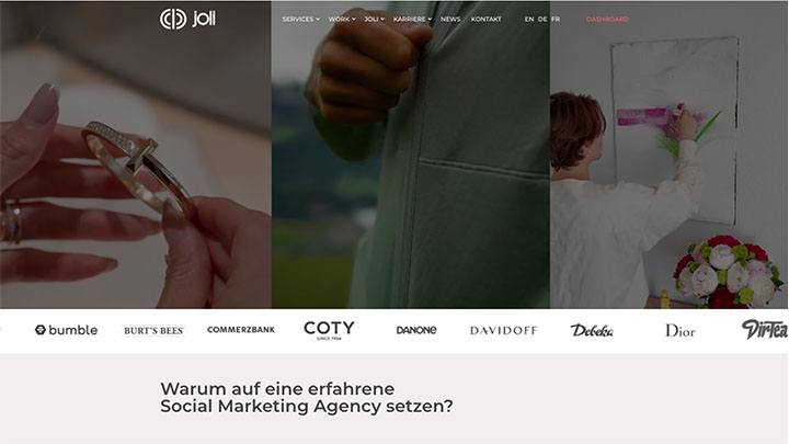 Webauftritt von Joli Berlin, Boutique-Agentur für Influencer-Marketing in den Bereichen Mode, Beauty und Lifestyle, mit Referenzen zu Markenkooperationen