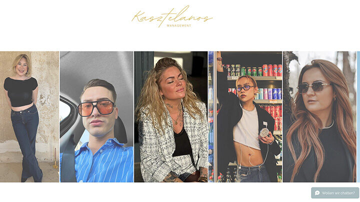 Kasztelanos Management Website mit fünf nebeneinander angeordneten Influencer Porträts vor hellem Hintergrund und elegantem Agentur Branding.