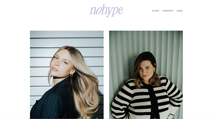 NoHype Website mit zwei porträtierten Influencerinnen vor neutralen Hintergründen als Beispiel für ein Boutique Creator Management.