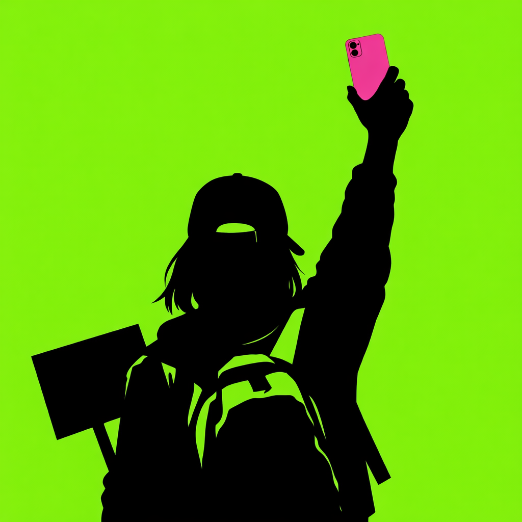 Silhouette einer Demonstrantin von hinten, sie hält ein pinkes Smartphone über dem Kopf, vor neongrünem Hintergrund im Cutout-Stil.
