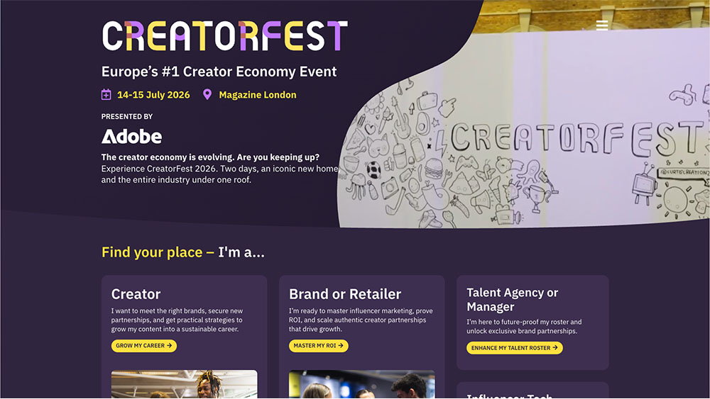Screenshot der CreatorFest-Website mit Hinweisen zum Creator-Economy-Event für Creator, Marken, Agenturen und Managements