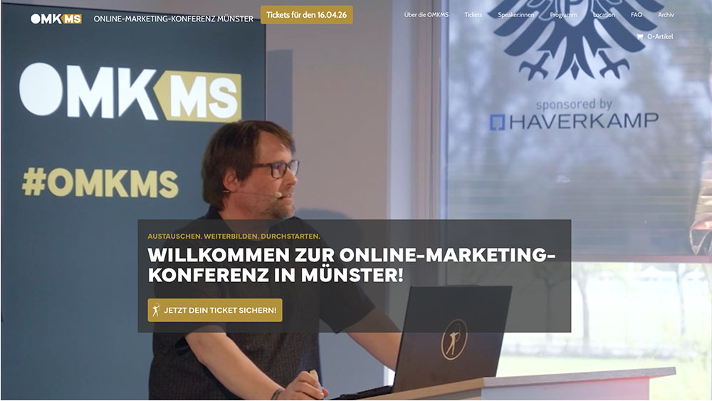 Screenshot der OMKMS-Website zur Online-Marketing-Konferenz Münster mit Fokus auf Social Media, Content und digitales Marketing